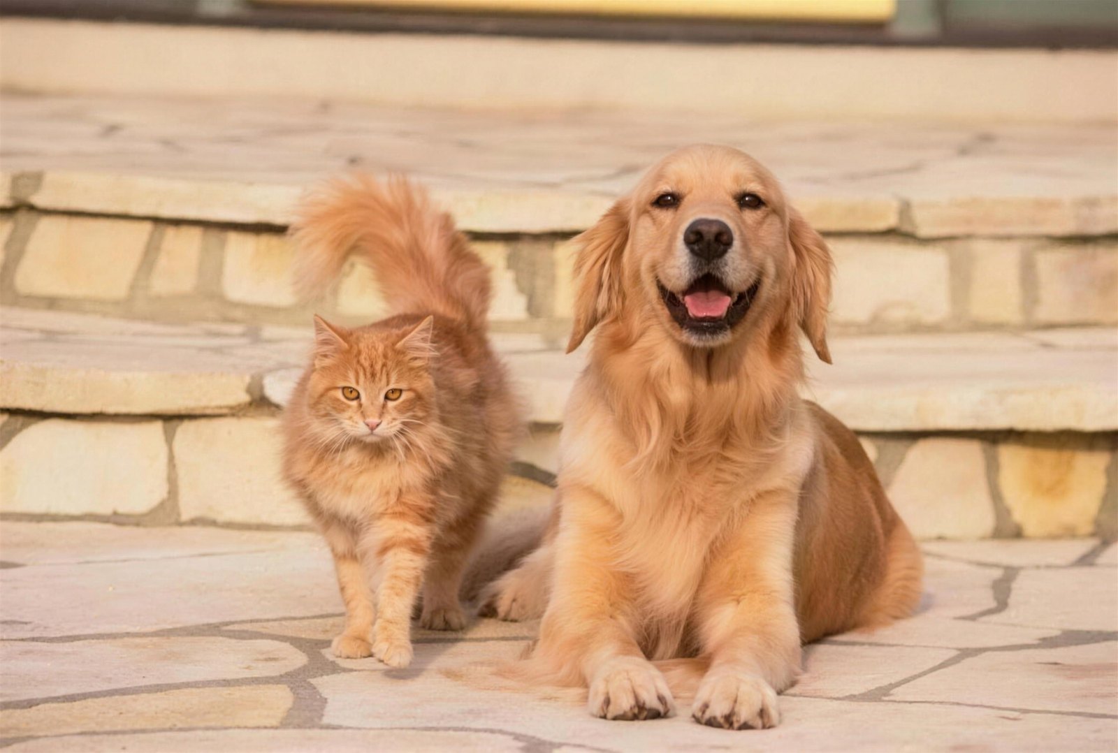 Orange cat and golden retriever sitting together on stone steps