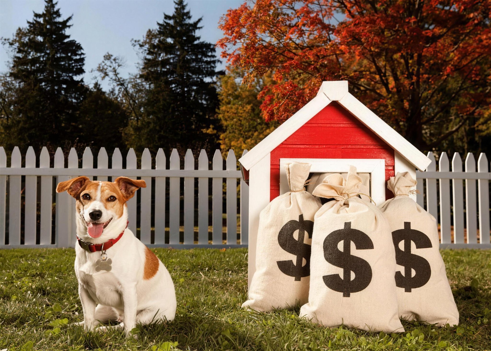 Dog sitting beside a red dog house with donation bags