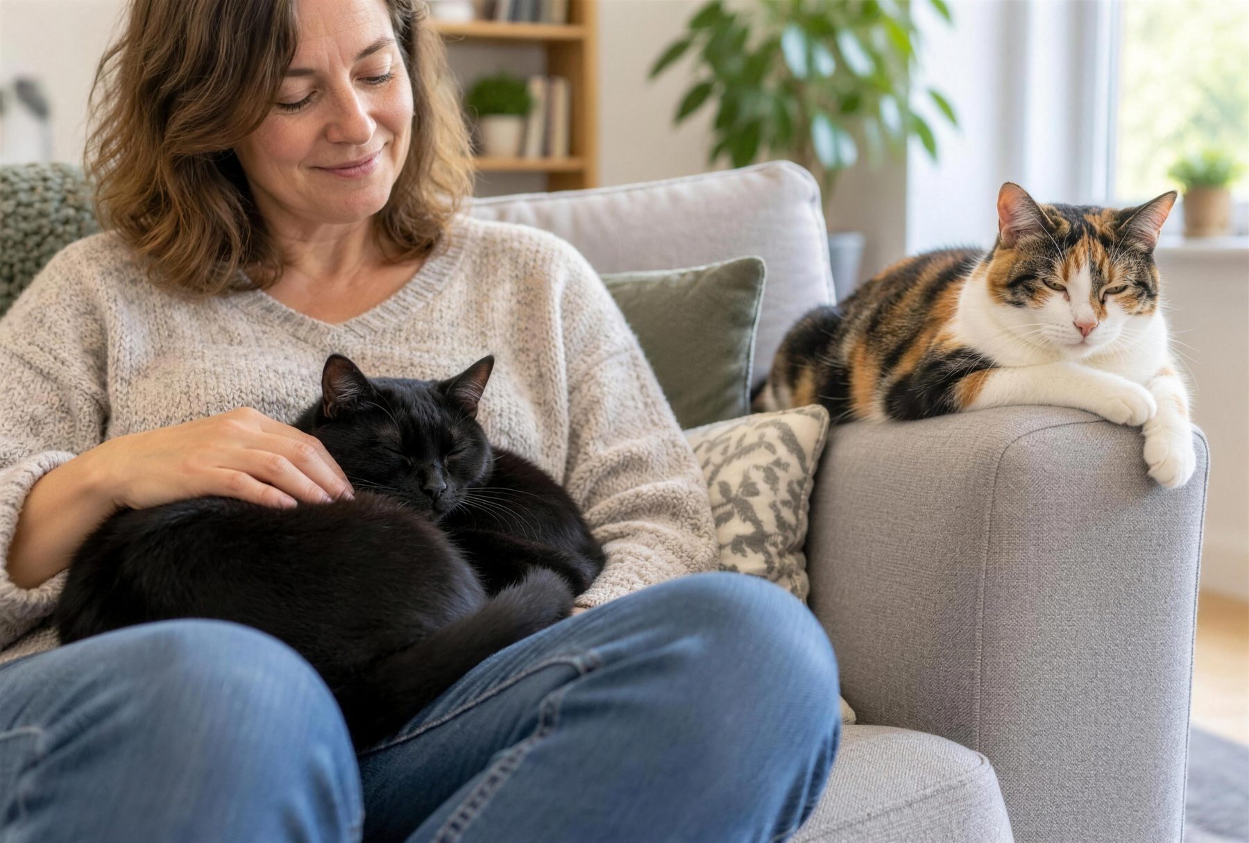 A foster caregiver relaxing on her couch with a black cat in her lap and a calico cat on the armrest