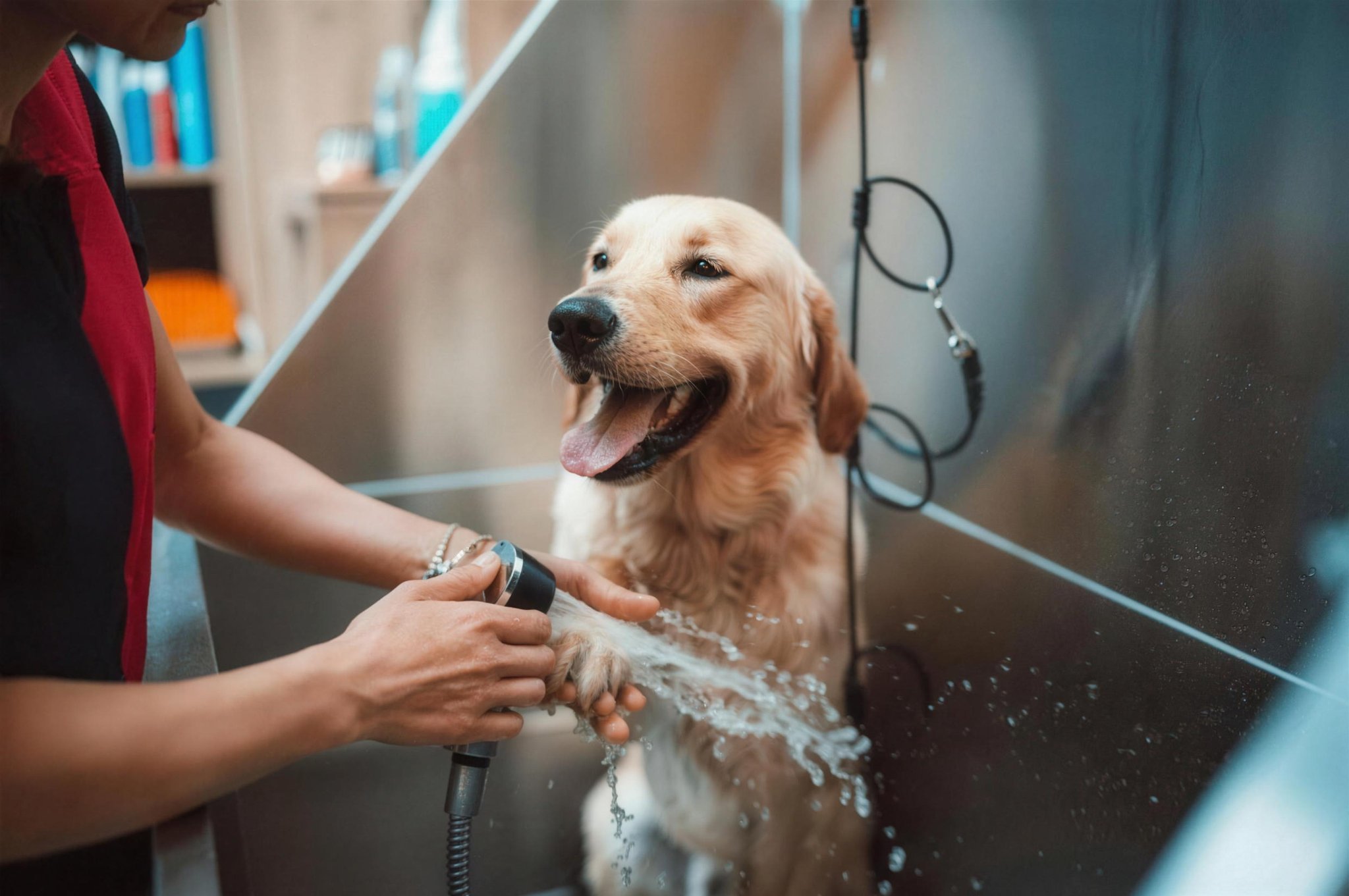 Golden retriever getting a bath