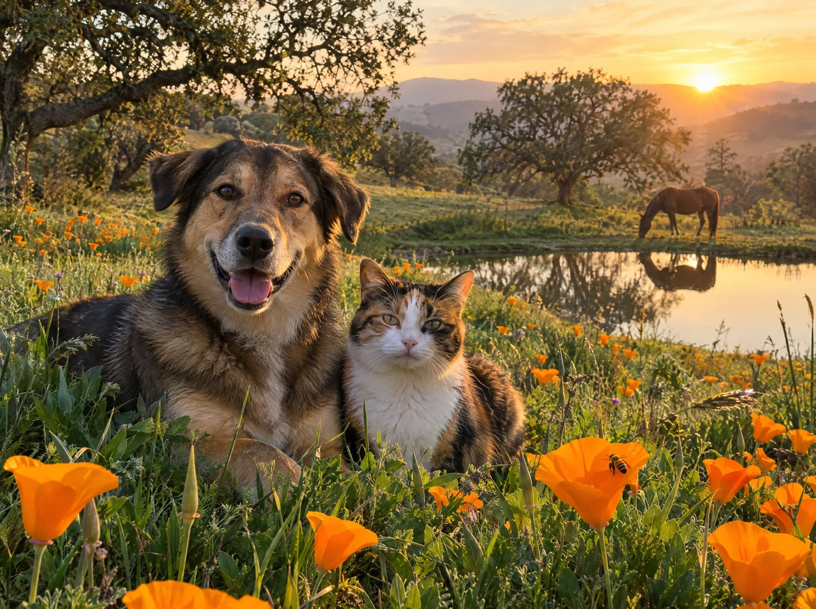 Vision of the future sanctuary, not built yet: a dog and a cat in California poppies beside a small pond, with a horse grazing and a bee on a flower