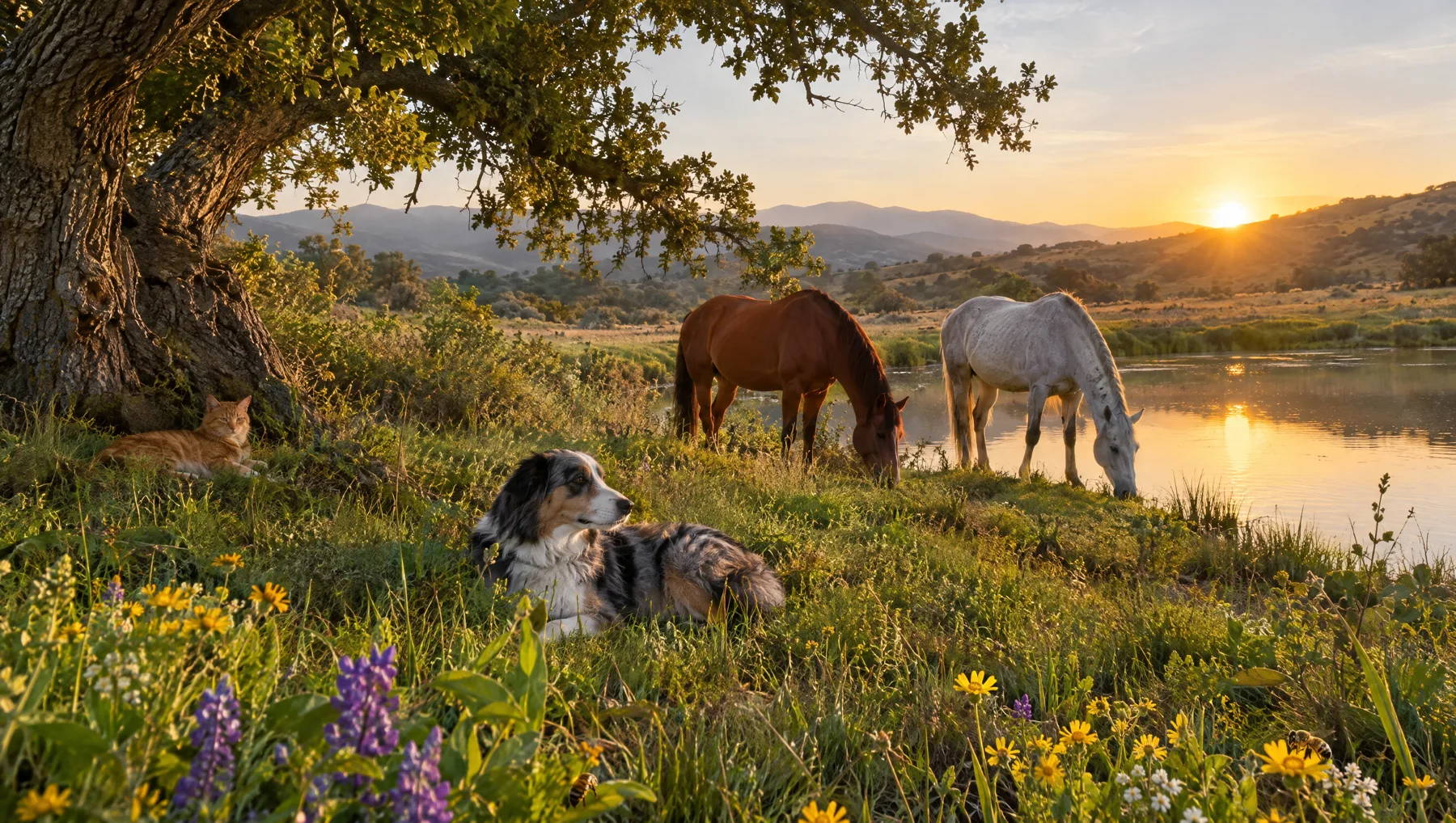 Vision of the future sanctuary, not built yet: horses, a dog and a cat beside a small pond at sunrise