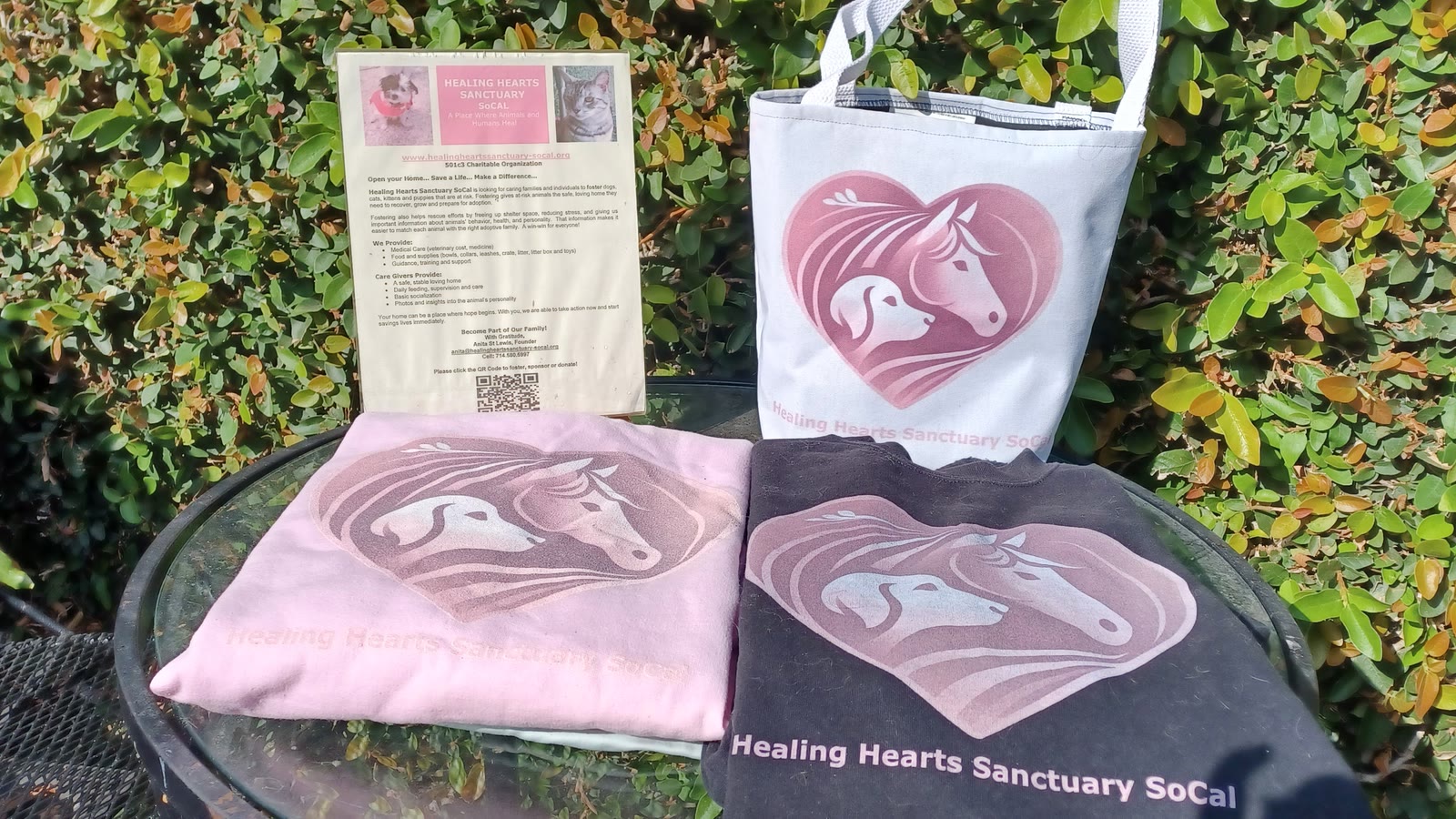 Healing Hearts Sanctuary SoCal sweatshirts, tote bag and QR-code flyer