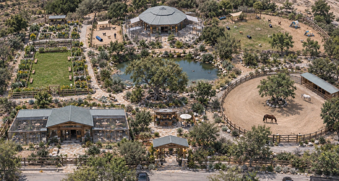 Completed-sanctuary vision showing animal housing, a pond, gardens and horse paddocks — not built yet